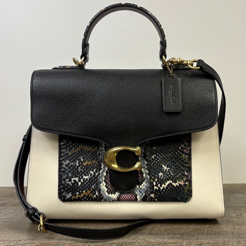 Coach Tabby Top Handle Satchel — Black Leather & Colorblock Snakeskin